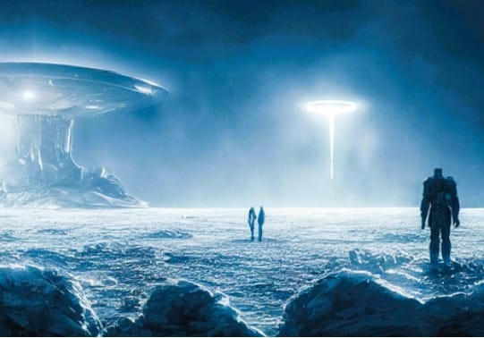 Señales de Vida en Otros Planetas: ¿Estamos Solos en el Universo? 1 De noche en un terreno desértico 2 naves espaciales y 3 humanoides en la escena