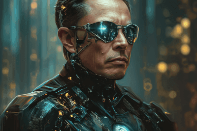 Elon Musk con un traje futurista extraterrestre y con gafas