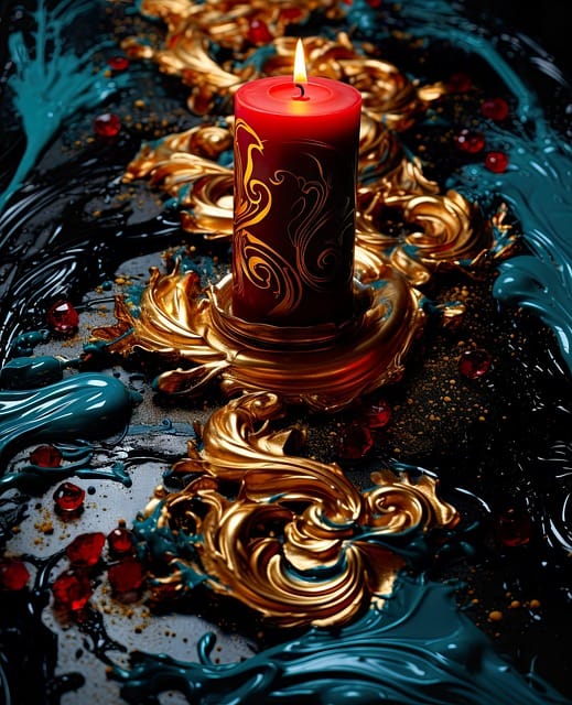 Ritual Curar una Herida de Amor: Renace con Poder 1 Vela Roja encendida sobre pintura azul y dorada en la base donde se encuentra la vela