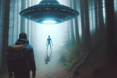 Campo de noche un hombre caminando hacia una nave extraterrestre y un humanoide bajo la nave mirando al humano