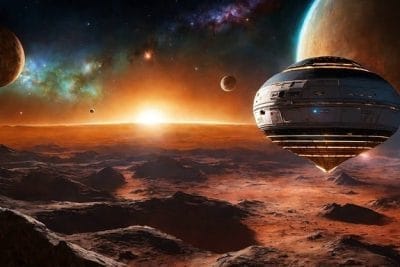 Nave espacial en un paisaje de planetas y un sol naciente en un entorno cósmico.