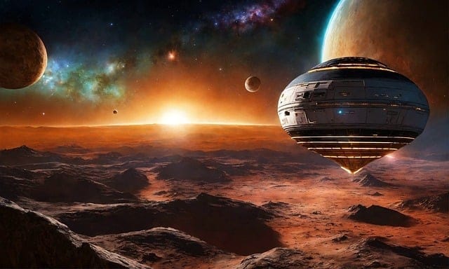 Nave espacial en un paisaje de planetas y un sol naciente en un entorno cósmico.