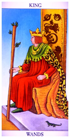 Descubre el significado profundo del Rey de Bastos: guía práctica y simbología oculta 🔮 1 ilustración, un rey sentado en su trono sujetando un bastón, mirada dirigida a la izquierda